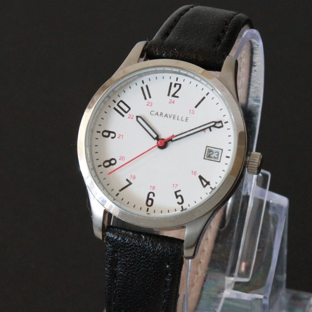 Caravelle Ladies Easy Reader By Bulova Black On White Dial Black Leather 30mm - Picture 7 of 10